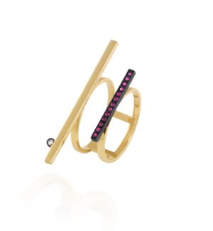 Anel Vigas em ouro amarelo 18k com Rubis e Diamante