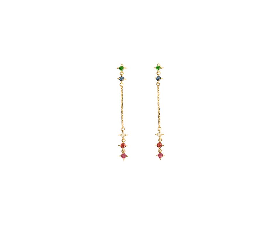 Brinco Folia em ouro amarelo 18k com Tsavorita, Safira Azul, Safira Incolor, Safira Laranja e Rubelita