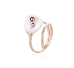 Anel Duo em ouro rosé 18k com Pérola Barroca e Diamante