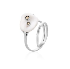 Anel Duo em ouro branco 18k com Pérola Barroca e Diamante